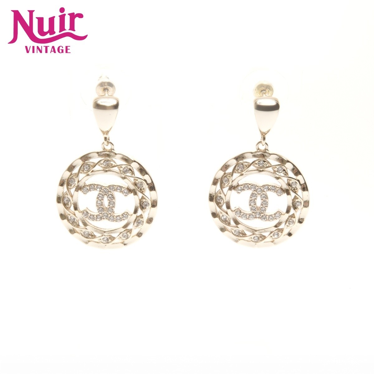 CHANEL Earrings B24B 2024 Coco Mark Round Rhinestone Gold Used