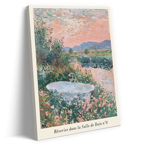 KUCGONHOS Pink Flowers Bathroom Canvas Wall Art Vintage 8"L x 10"W Multi