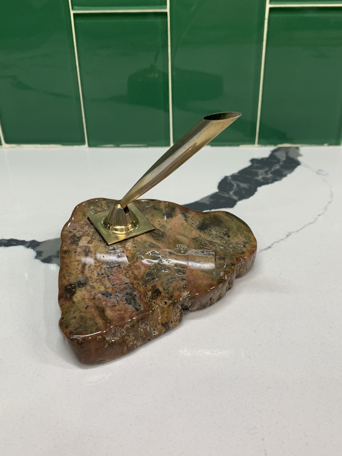 Unique Vintage Sliced Polished Agate Ink Pen Stand Holder Natural Rock Stone