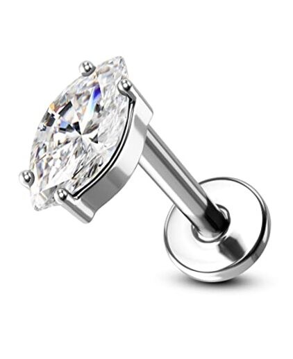  G23 Titanium 16g Flat Back Helix Earring Stud Marquise CZ Flat Cartilage 6mm