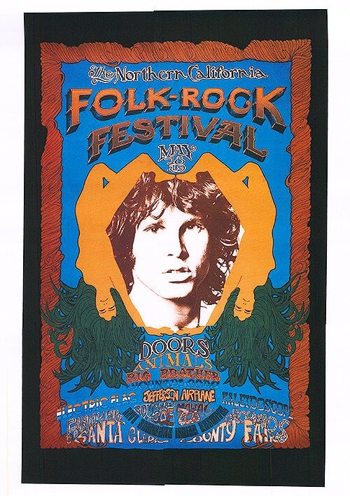 Vintage 1960s Folk Rock Festival Poster Doors Jefferson 12x8in Metal Sign