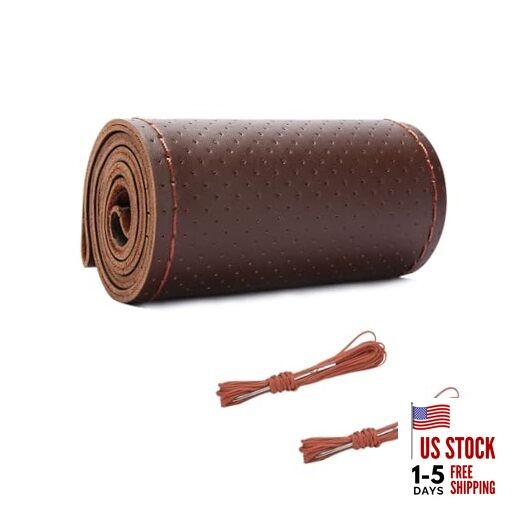  Genuine Leather Steering Wheel Cover, Breathable Anti-Slip Full Hole Coffee