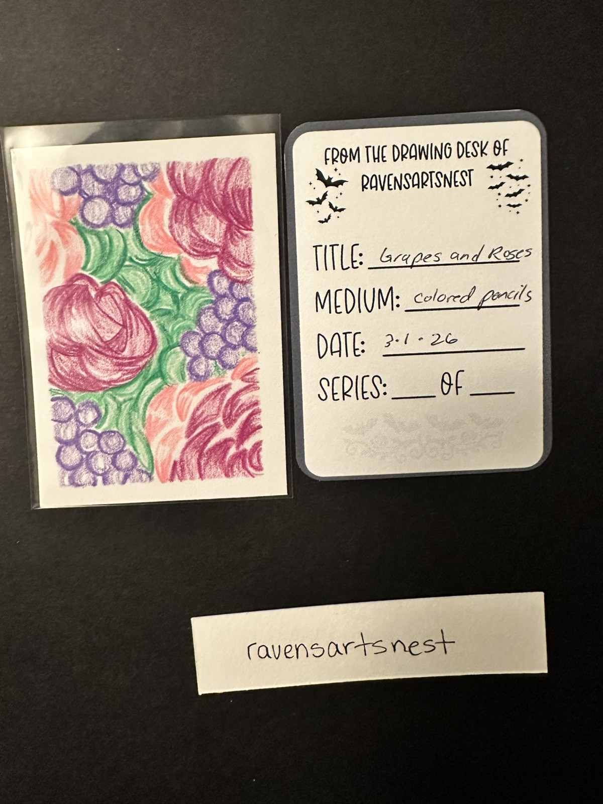 Aceo “Grapes and Roses” Miniature  Art Original RavensArtsNest Signed 2.5x3.5in 