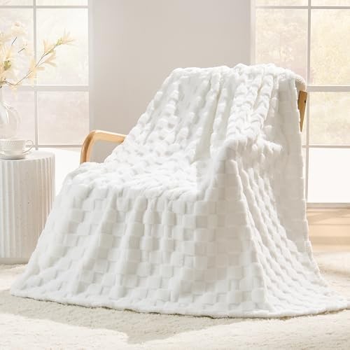 Checkered Fleece Throw Blanket for Couch, 320GSM Super Throw XL(50"x70") White