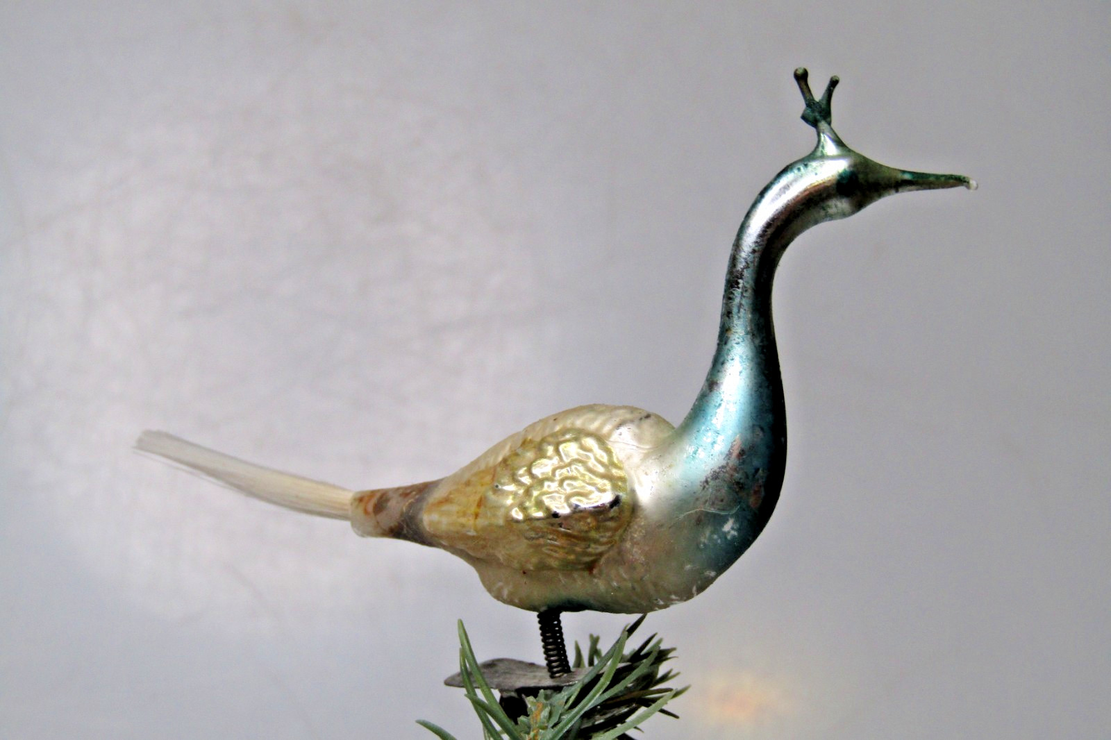VTG Glass Clip On Peacock Crane Turn Head Spun BIRD Christmas Ornament Germany
