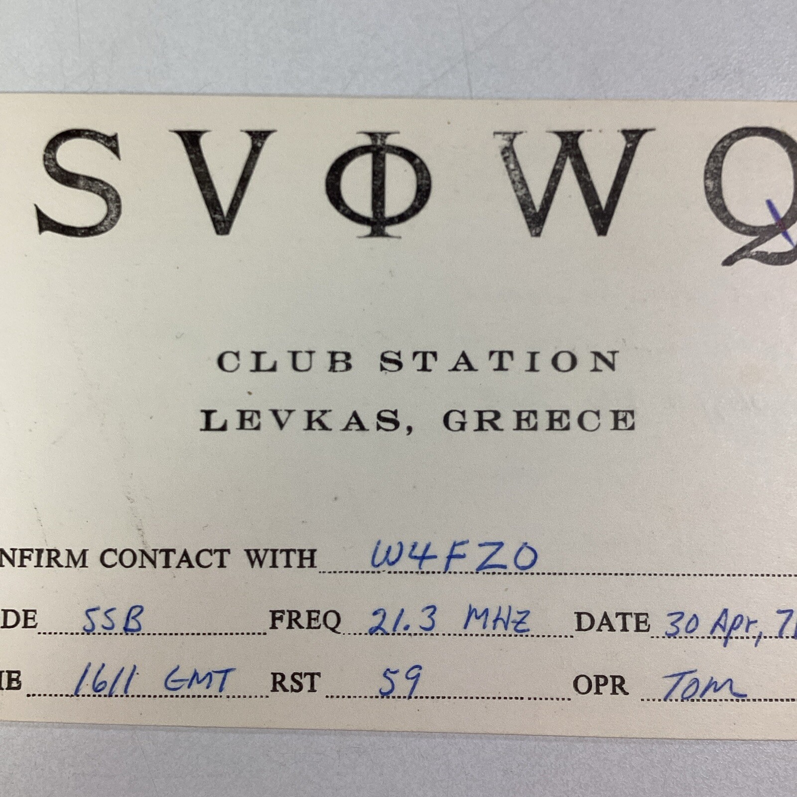 Greece QSL Radio Card 1971 Levkas Tom Club Station Augusta GA