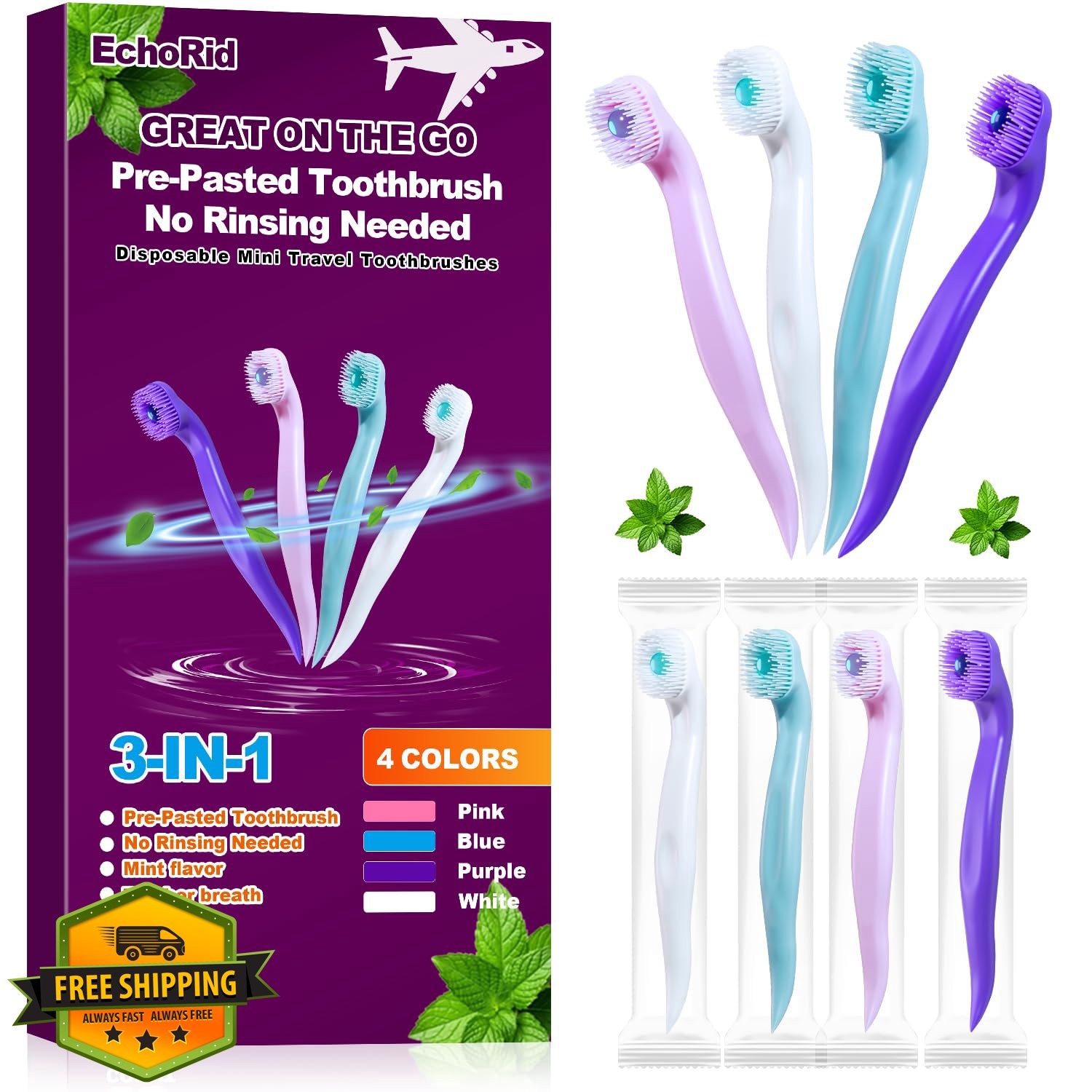 EchoRid Mini Disposable Toothbrush Pre-Pasted Mint Travel 16 Count