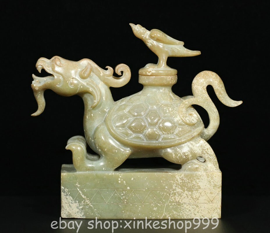 5.6" Chinese Natural Hetian White Jade Carving Dragon turtle seal signet