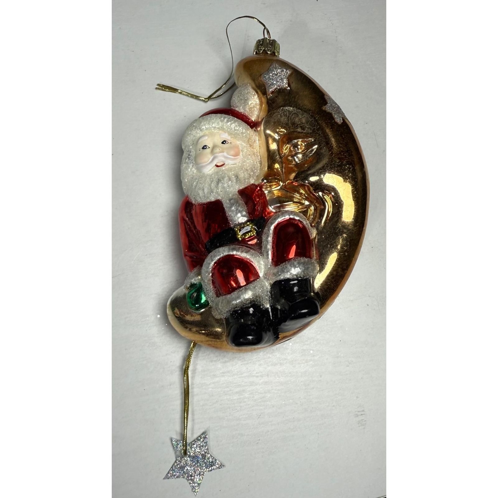 Vintage Santa Claus Moon Christmas Ornament Hanging Star Glitter Gold Shiny