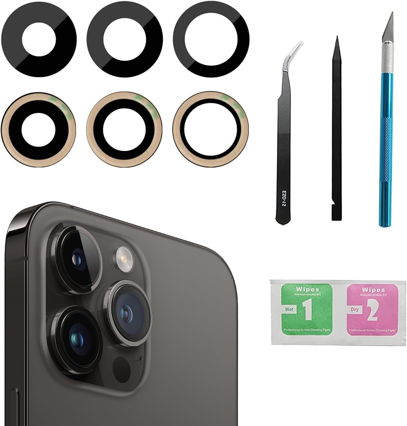 3pcs Set Rear Camera Lens Covers Replacement for iPhone 14 Pro Max Back Glass
