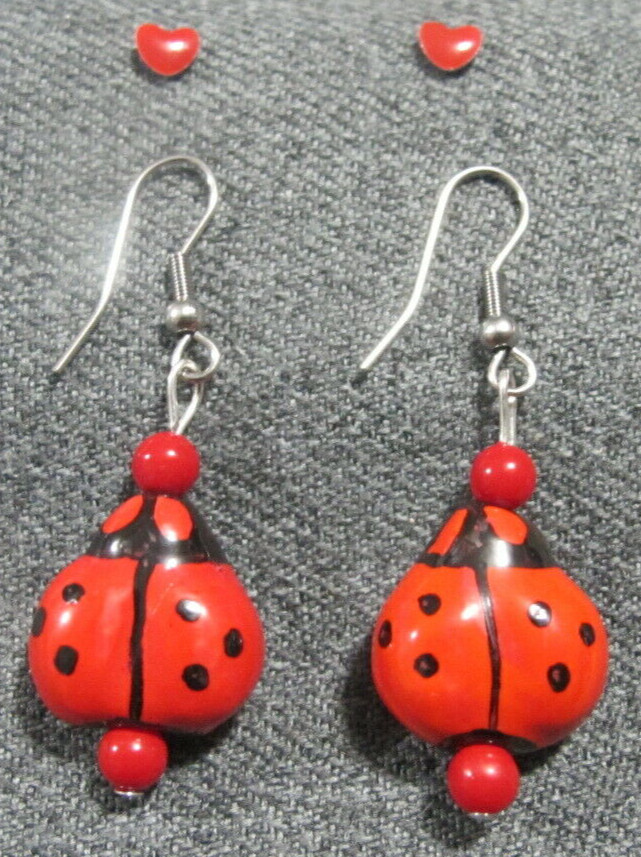 Vintage red plastic ladybug dangle hook & tiny enamel metal heart stud earrings