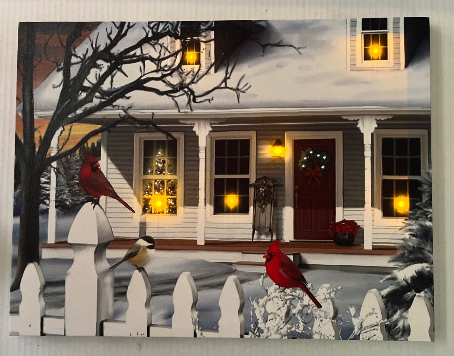 Decorative Lighted Canvas Print “Cardinals At Home For Christmas” 17”x13”