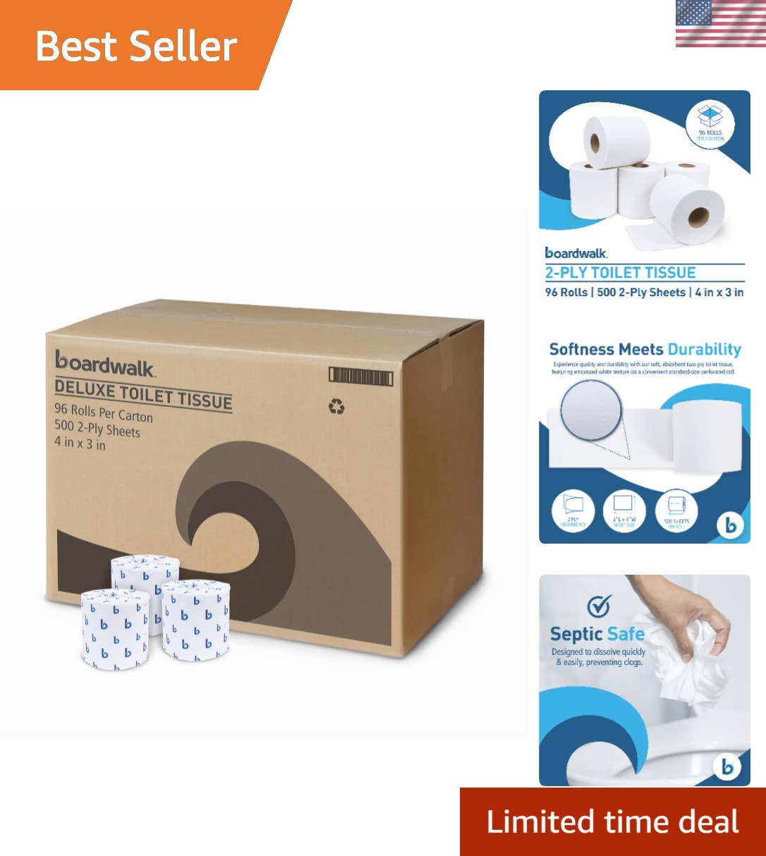 2-Ply Bathroom Toilet Paper Tissue, Septic Safe, 500 Sheets/Roll, Bulk Quanti...