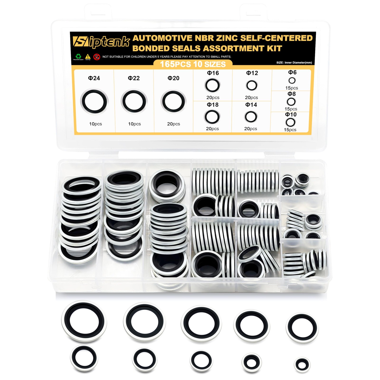 Siptenk 165 PCS Automotive Self-Centered Bonded Sealing Washers 165PCS-Black 