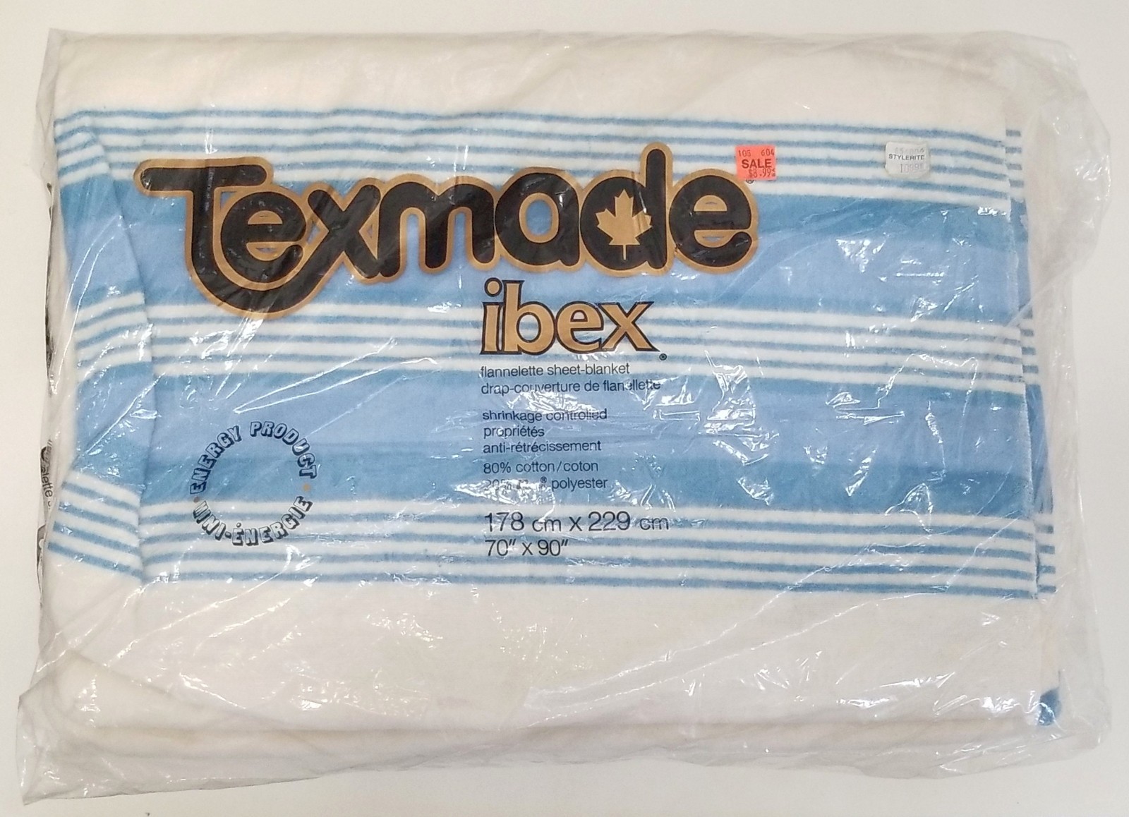 Ibex Flannelette Sheet Blanket with Blue Stripes Vintage Texmade NOS 70X90"