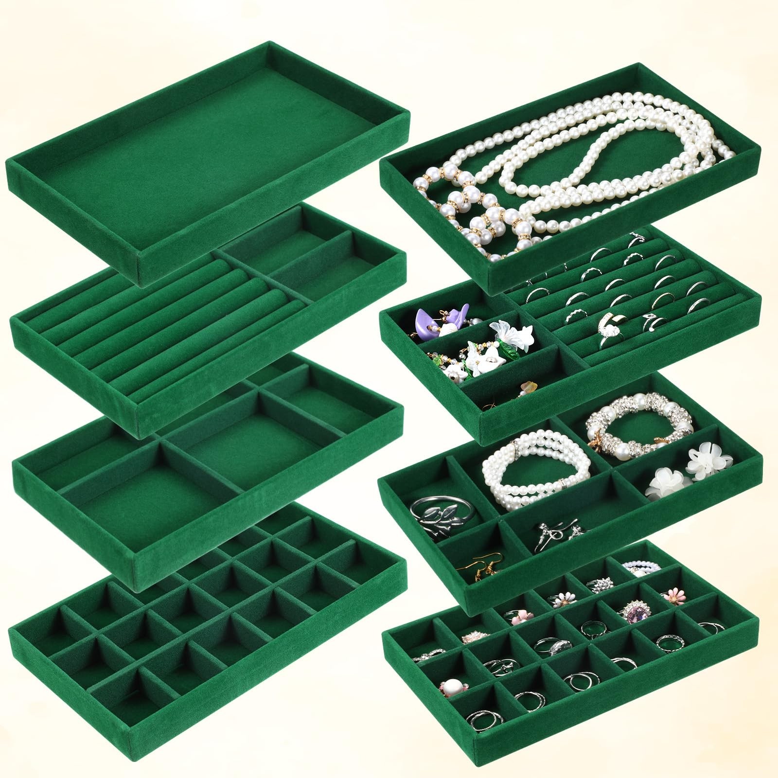 Set of 8 Stackable Jewelry Trays Velvet Jewelry Organizer Display Case Storag...