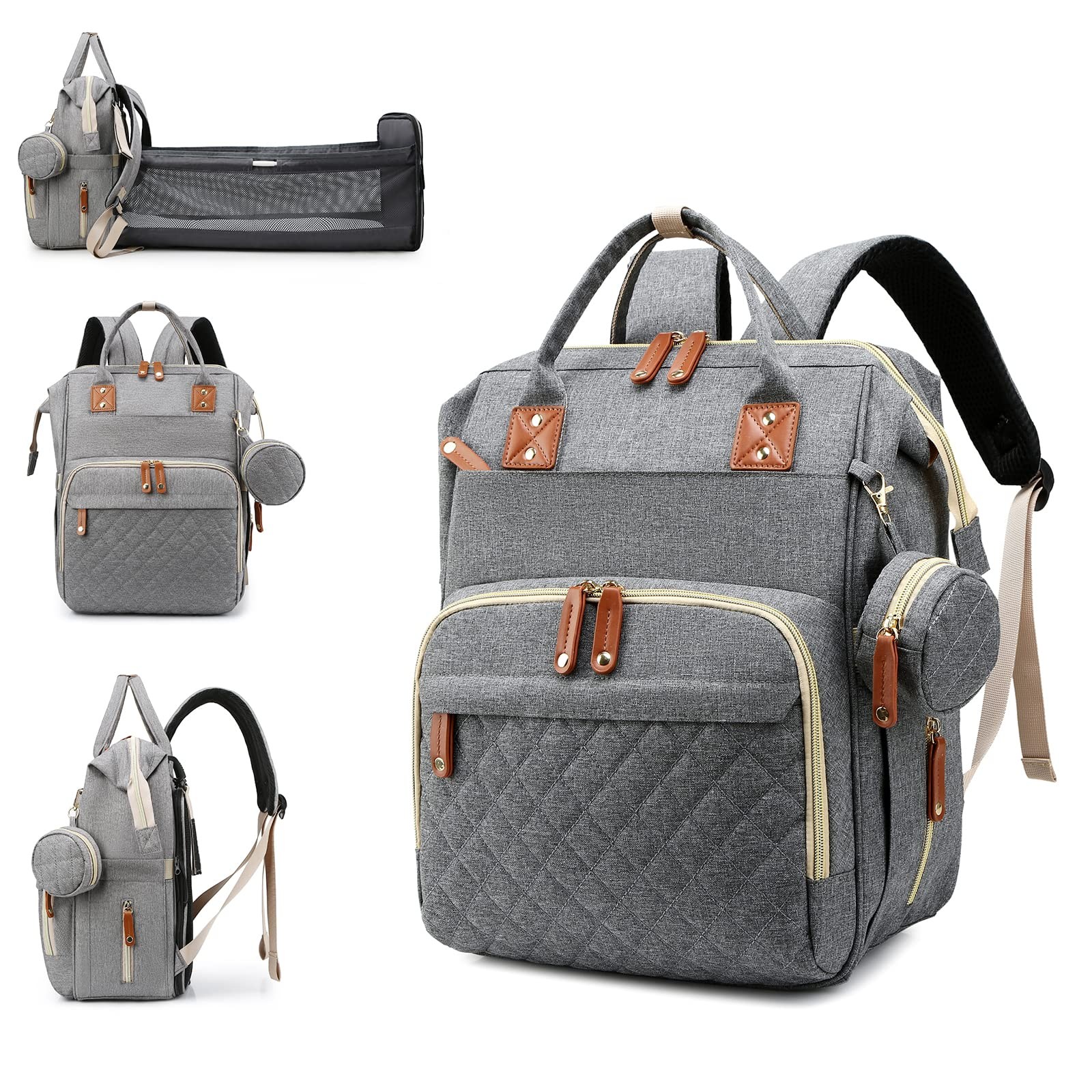 Diaper Bag with Changing Station Waterproof 3-in-1 Travel Backpack Grey Foldable