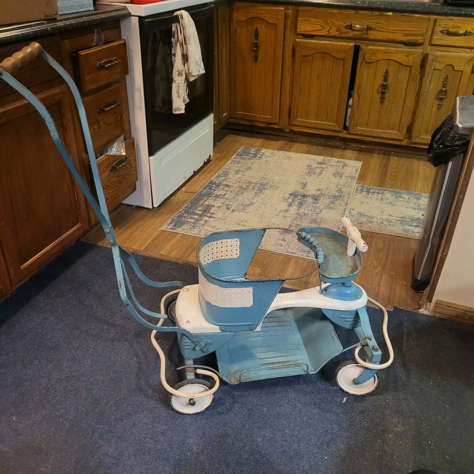 Original Vintage 1950s Taylor Tot Baby Stroller Walker Blue/White Wood Metal