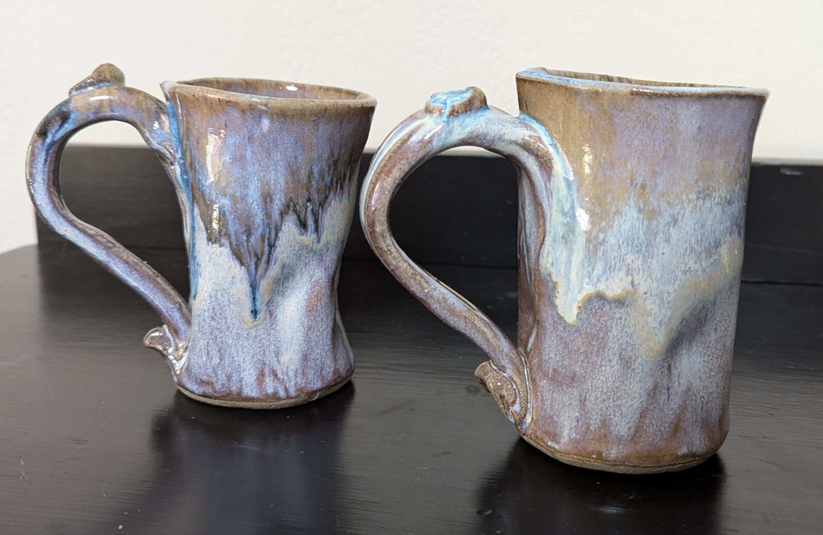 Studio Pottery Mugs Medium Set of Two Purples and Blues Drip Glaze Large Handles