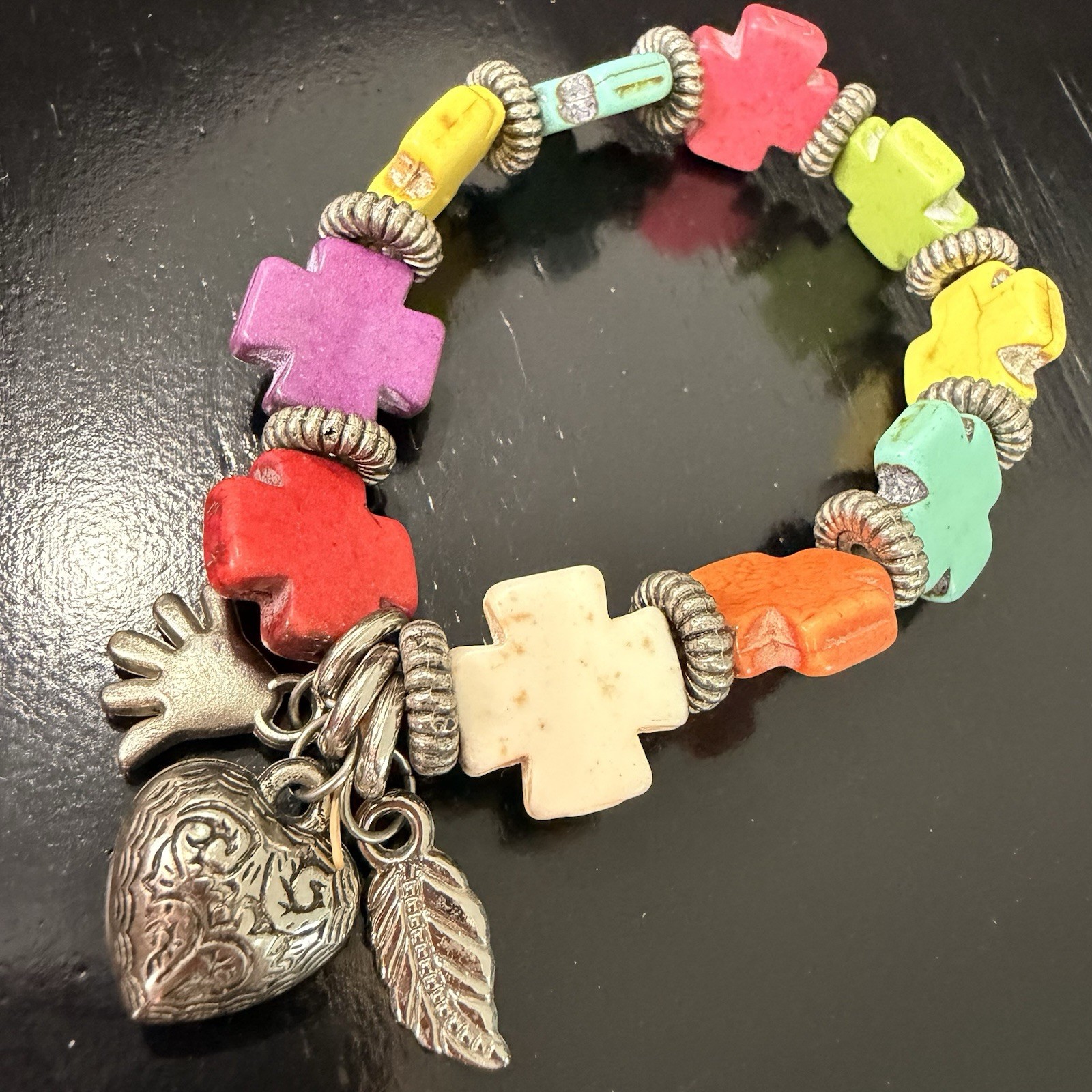 Colorful Cross Stone Charm Bracelet 7in