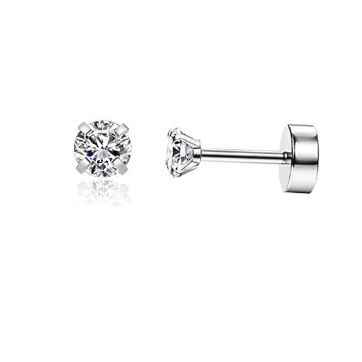 Dainty Screw Flat Back Stud Earrings | Hypoallergenic 316L 3mm CZ Silver