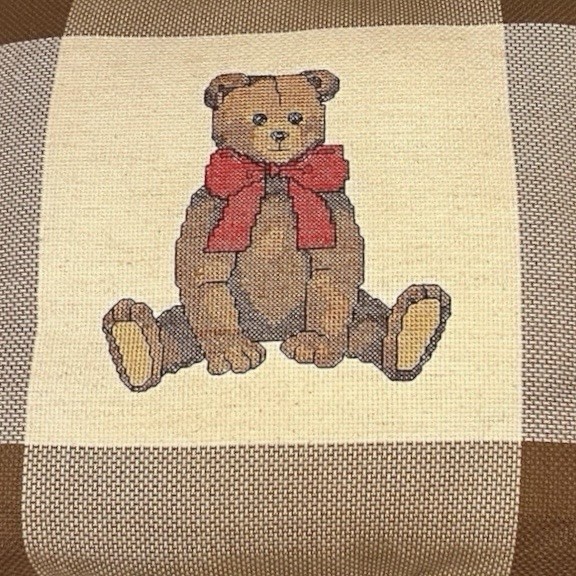 Vintage Cross Stitch Needlepoint Throw Pillow Teddy Bear Handmade Grannycore