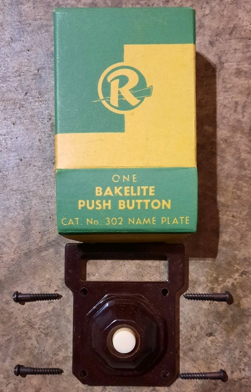 Vintage Bakelite Push Button Doorbell w/Name Plate Cat# 302 Rodale New old Stock