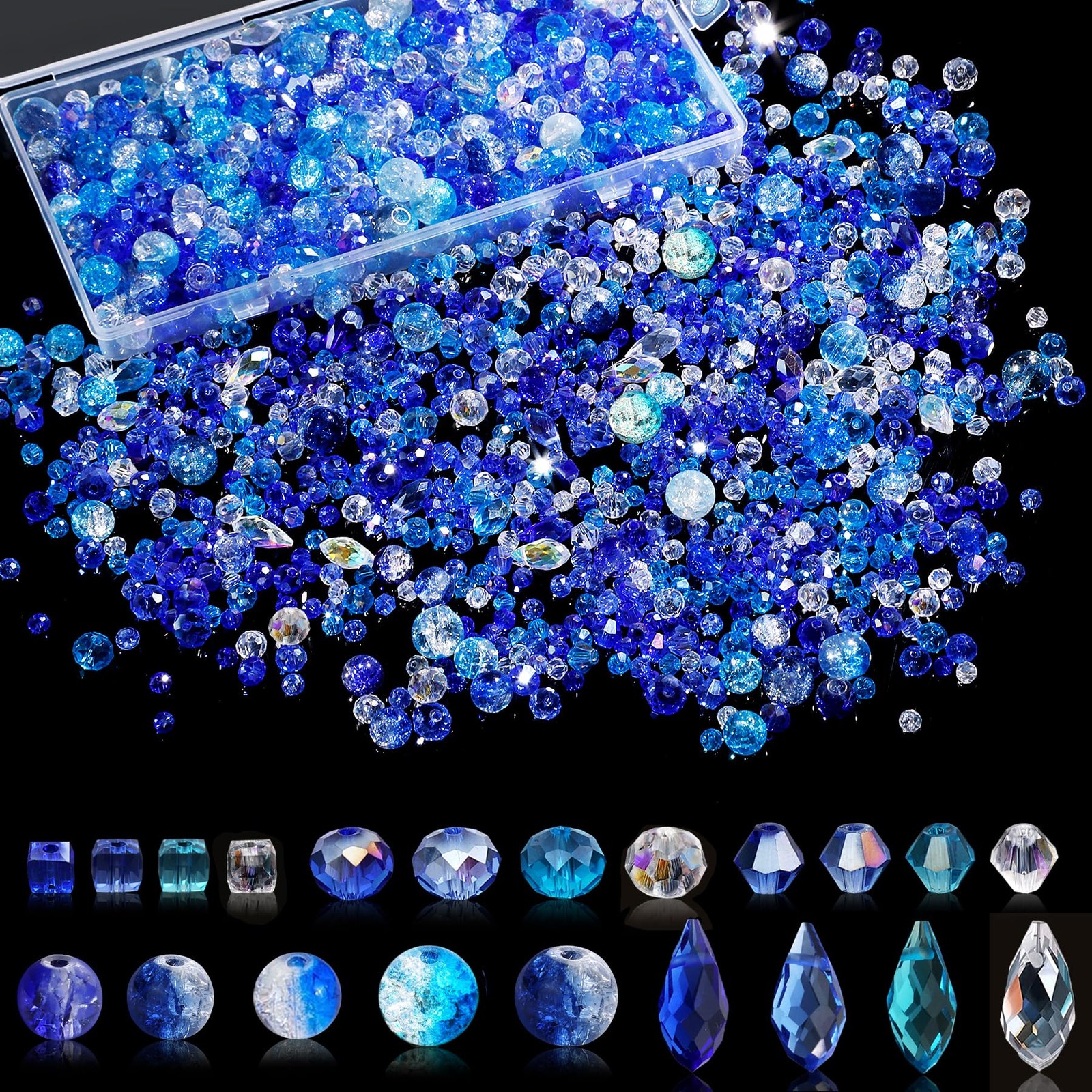 1000pcs Glass Beads for Jewelry Making Colorful Rainbow 4mm, 6mm, 8mm, Blue 