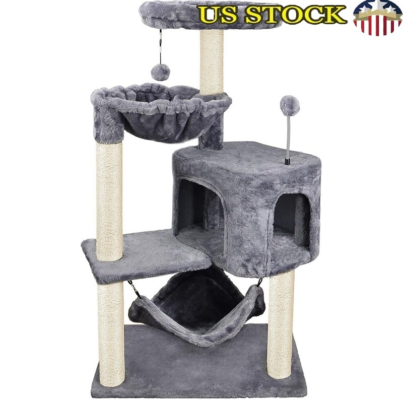 Sturdy Cat Tree W/ Faux Fur & Sisal Posts Cozy Hammock Fun Hanging Ball New