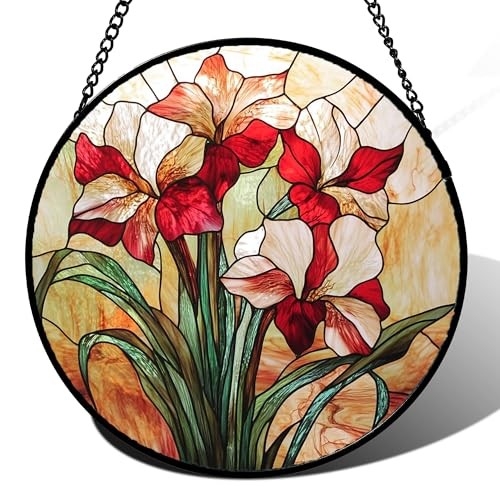 Stained Glass Window Hanging - Gladiolus Flower Suncatcher for 11.8x11.8 IN Red