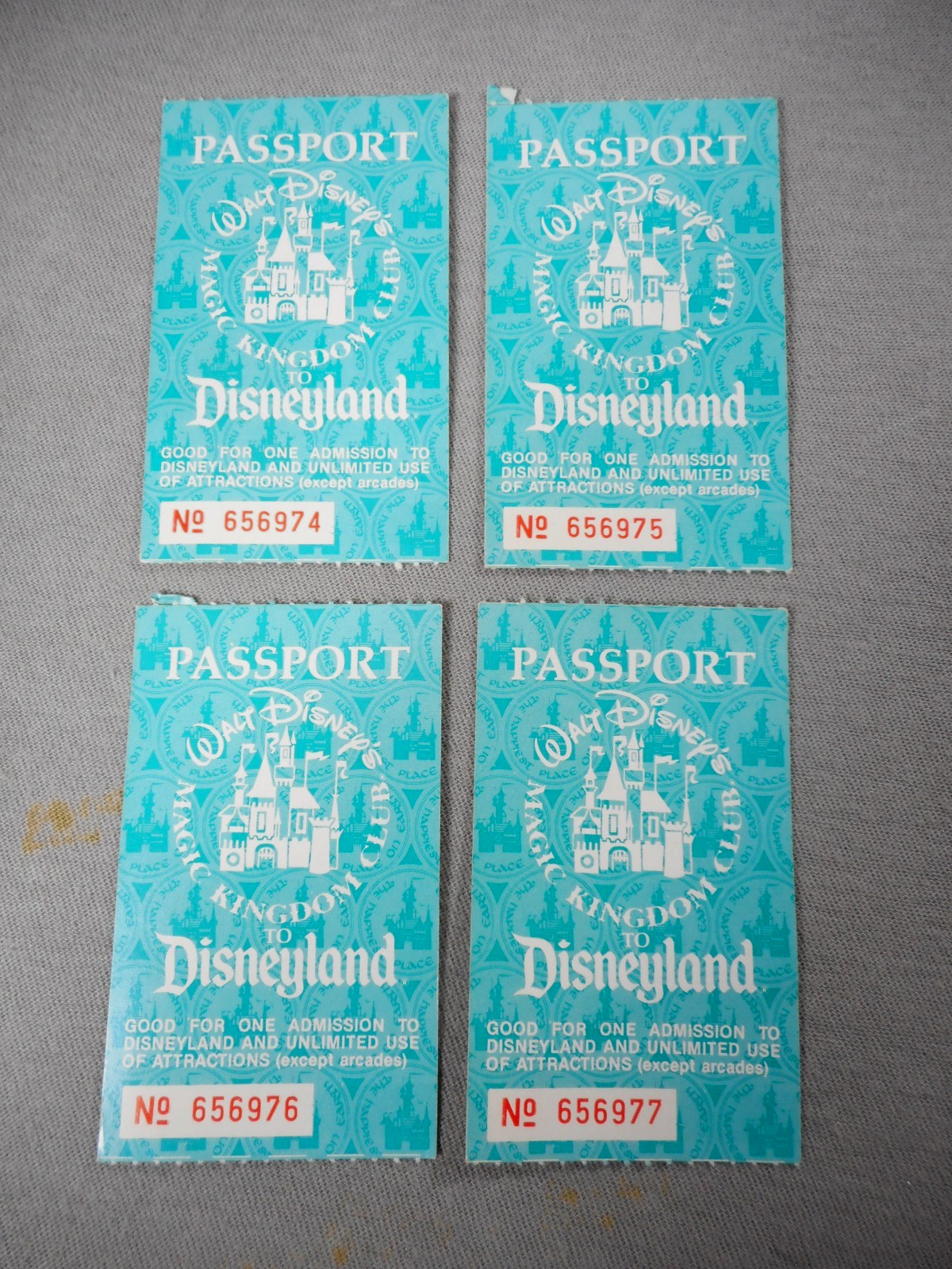 4 Disneyland Passports 1985 Sequential Numbers $14 Park Entrance