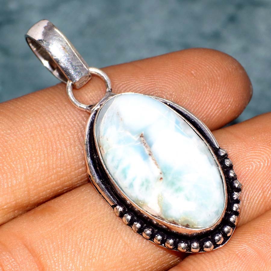 925 Silver Plated Pretty Larimar Pendant Handmade Jewelry Size 1.6" MJ