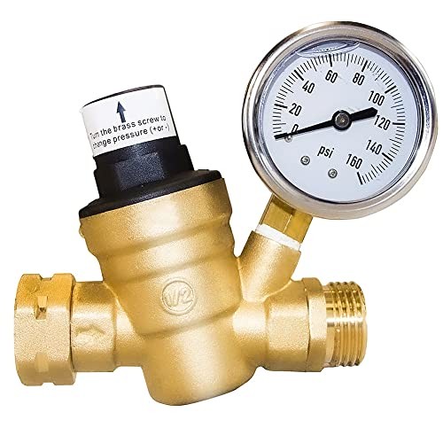  Water Pressure Regulator Valve, RV Brass with Gauge and Inlet Screw Adjustable