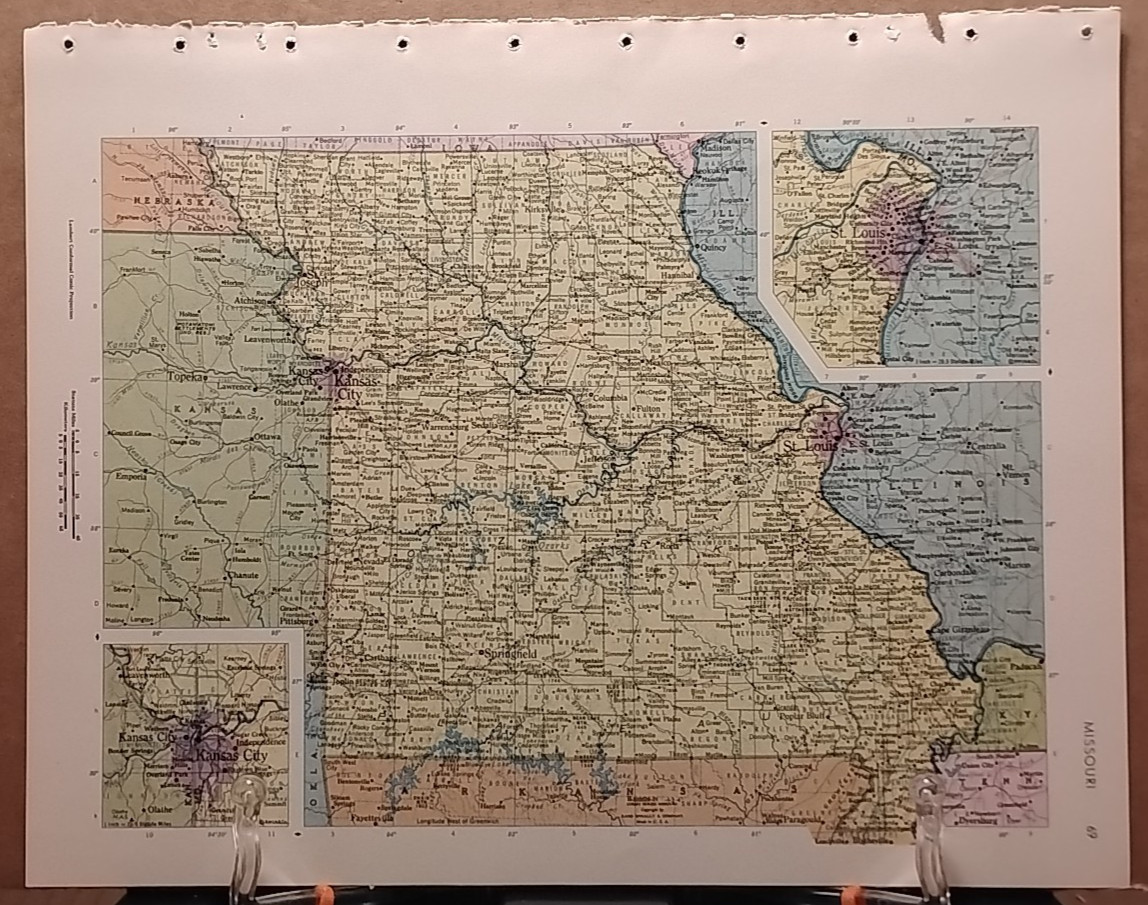 1966 Vintage MISSOURI Authentic Old MCM Atlas Map - Rand McNally World Atlas