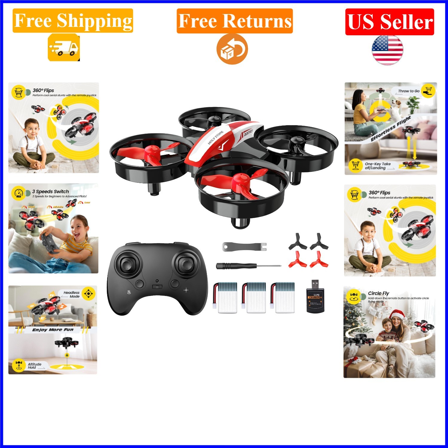 Mini RC Drone for Kids, Indoor 3D Flips, Auto Hovering, 3 Batteries, Red