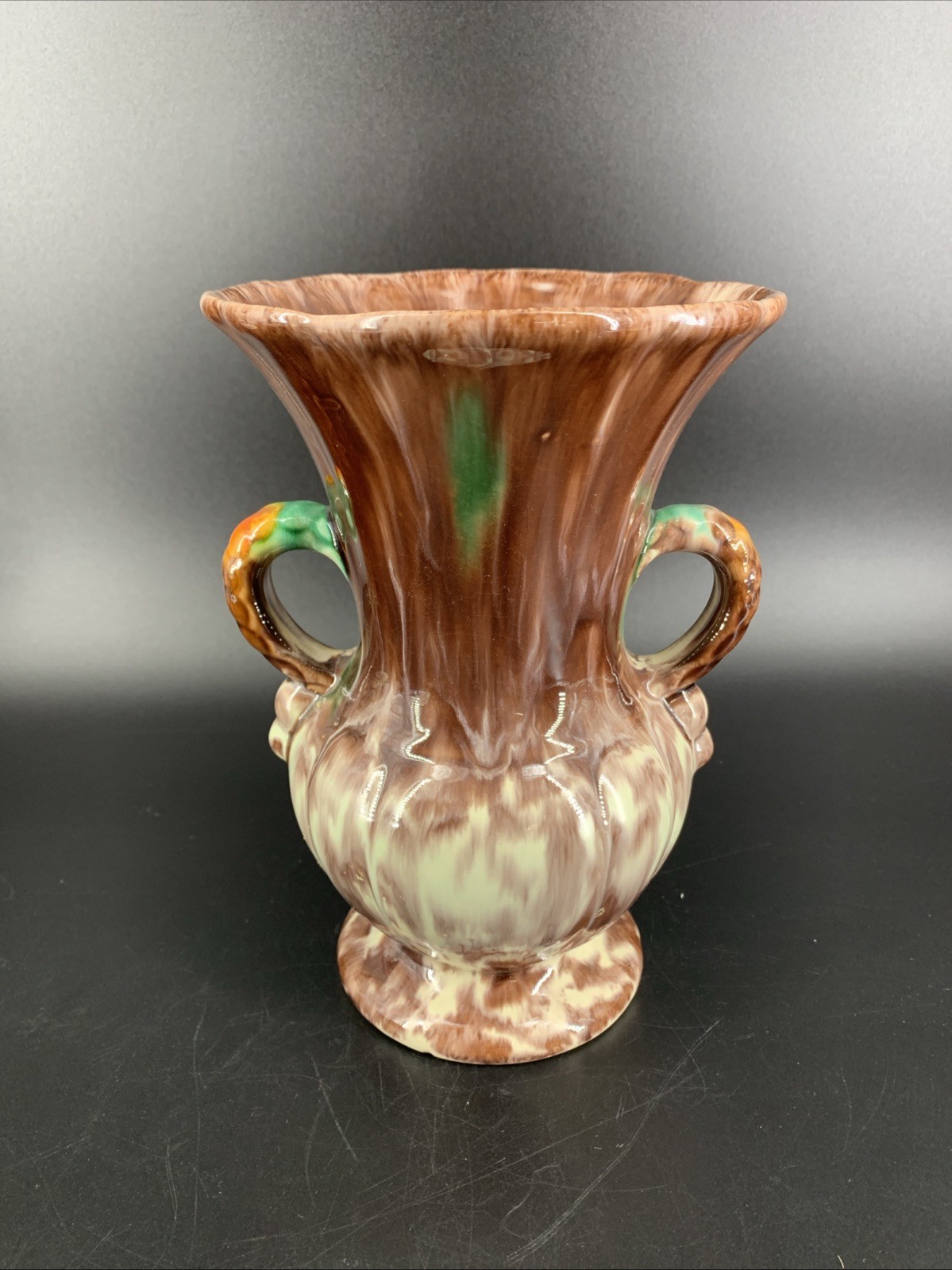 Vintage Art Pottery Vase Glossy Glaze B brown Orange Green MCM Trophy Vase