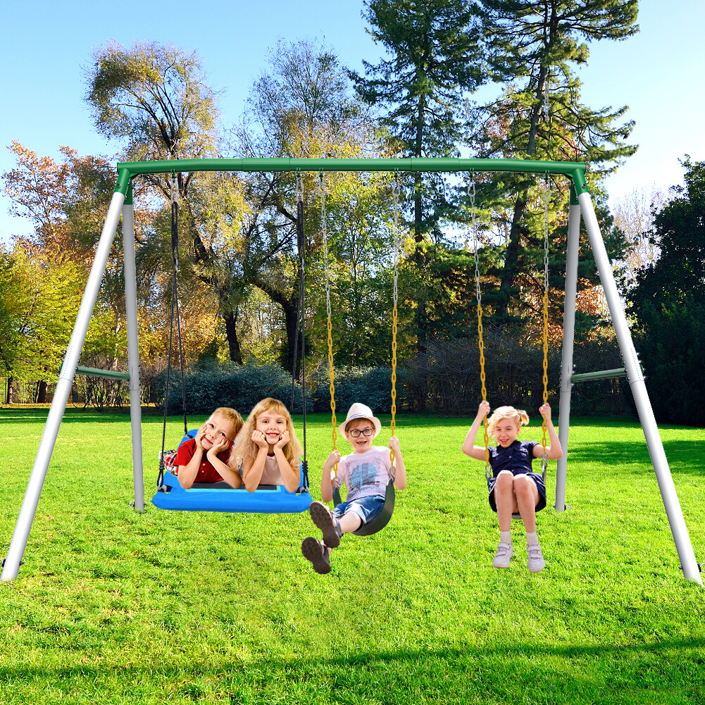 660lbs Metal Swing Set Heavy Duty Tall Frame Backyard Kids Adult w/3 Swing Seats