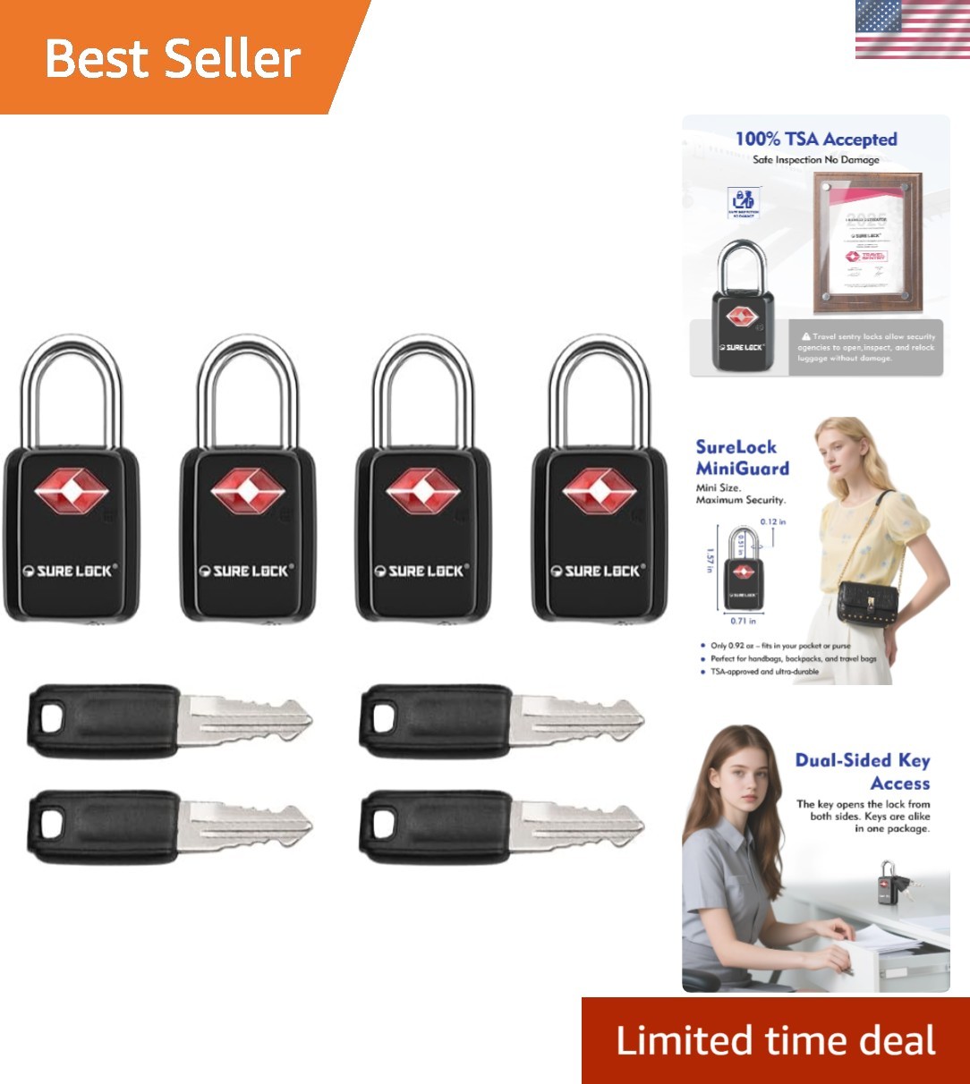 Mini TSA Approved Keyed Luggage Lock – One Key Opens All, Fits Tight Zipper G...