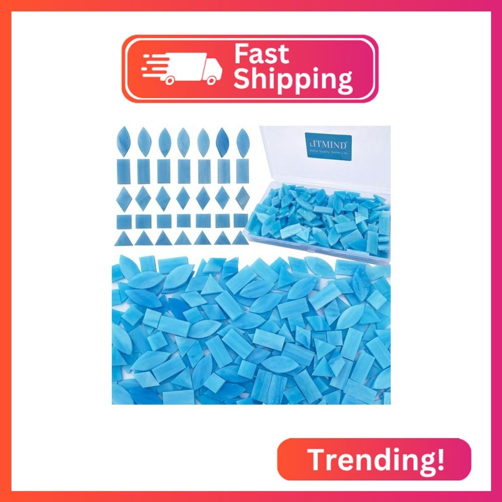 LITMIND Sky Blue Stained Glass Mosaic Tiles - 240 Pieces in 5 Shapes (Rectangle,