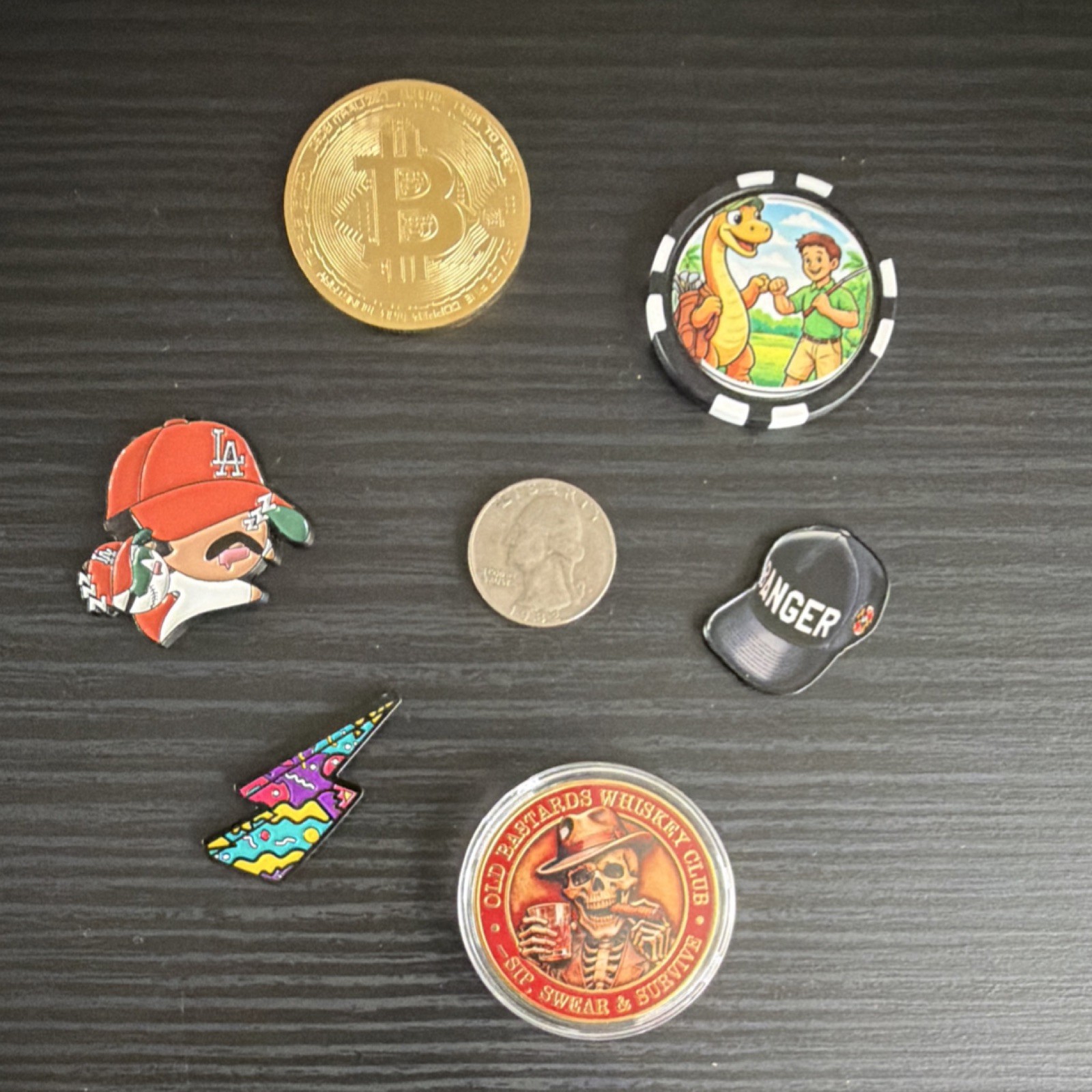 BALL MARKER BUNDLE - bitcoin, Dino, LA, Banger, lightning, whiskey -LOT 5
