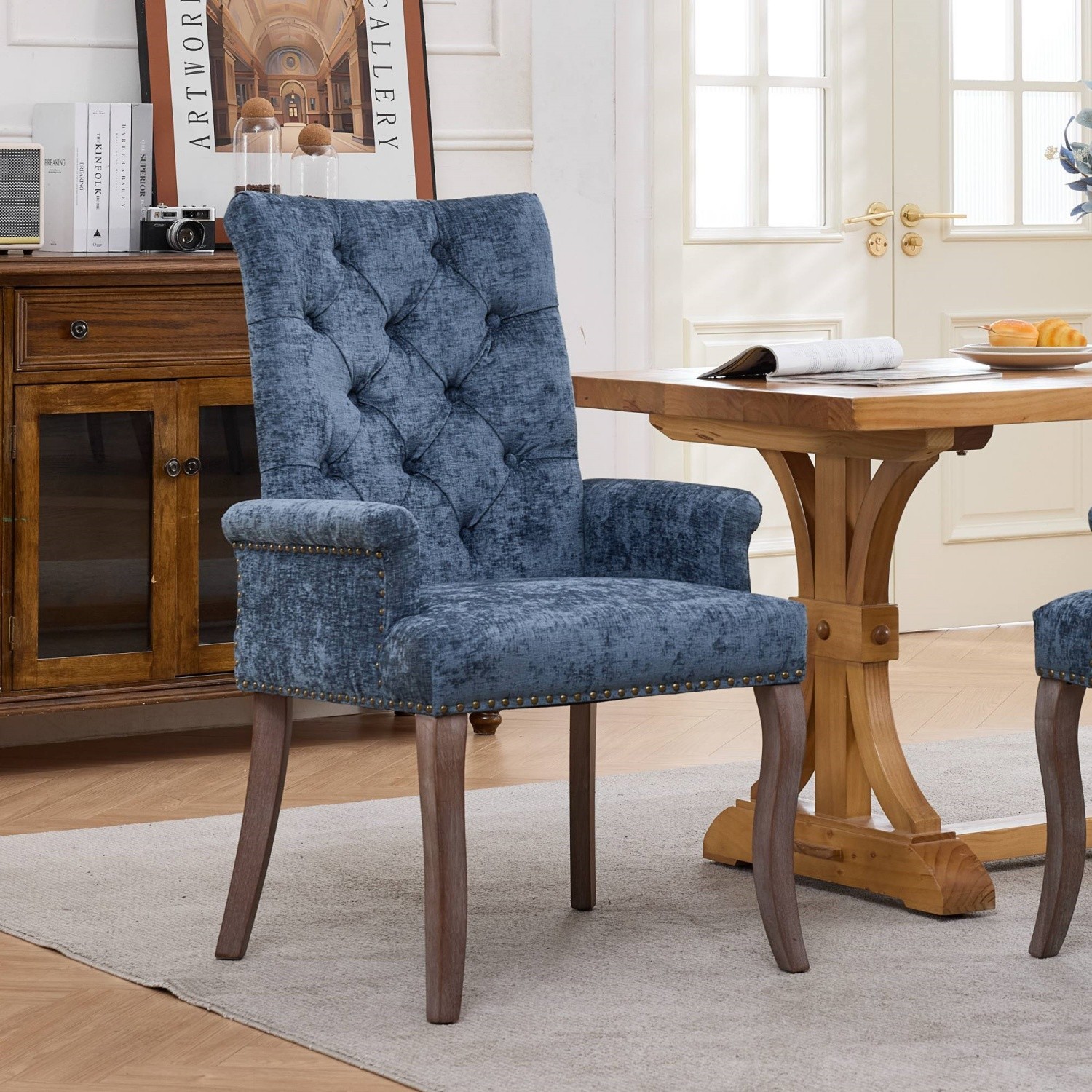 Modern Upholstered Kitchen Dining Chair Armchair with Solid Wood Legs Blue/Gray