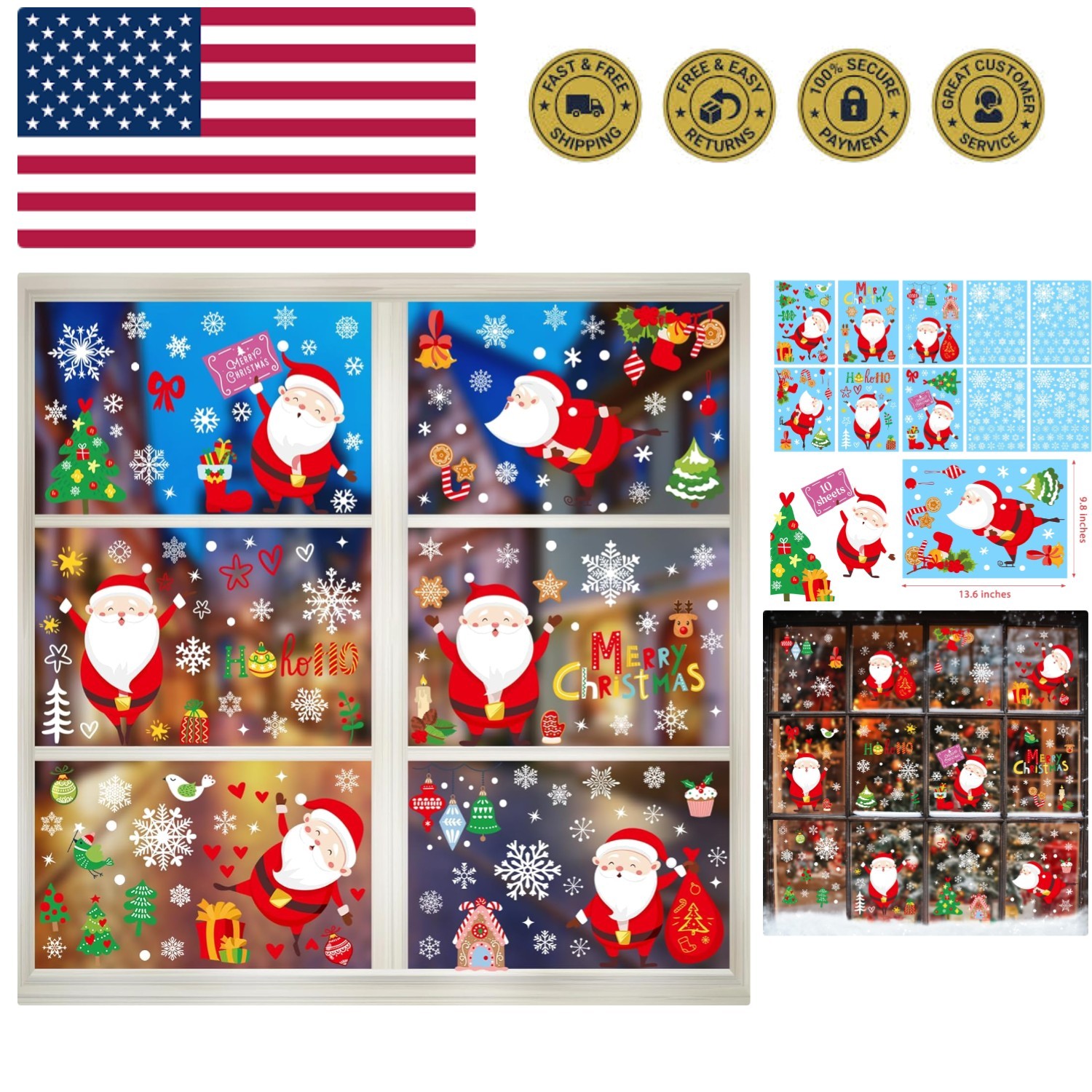 286 PCS 10 Sheet Double-Sided Christmas Window Clings, Christmas Snowflake Wi...