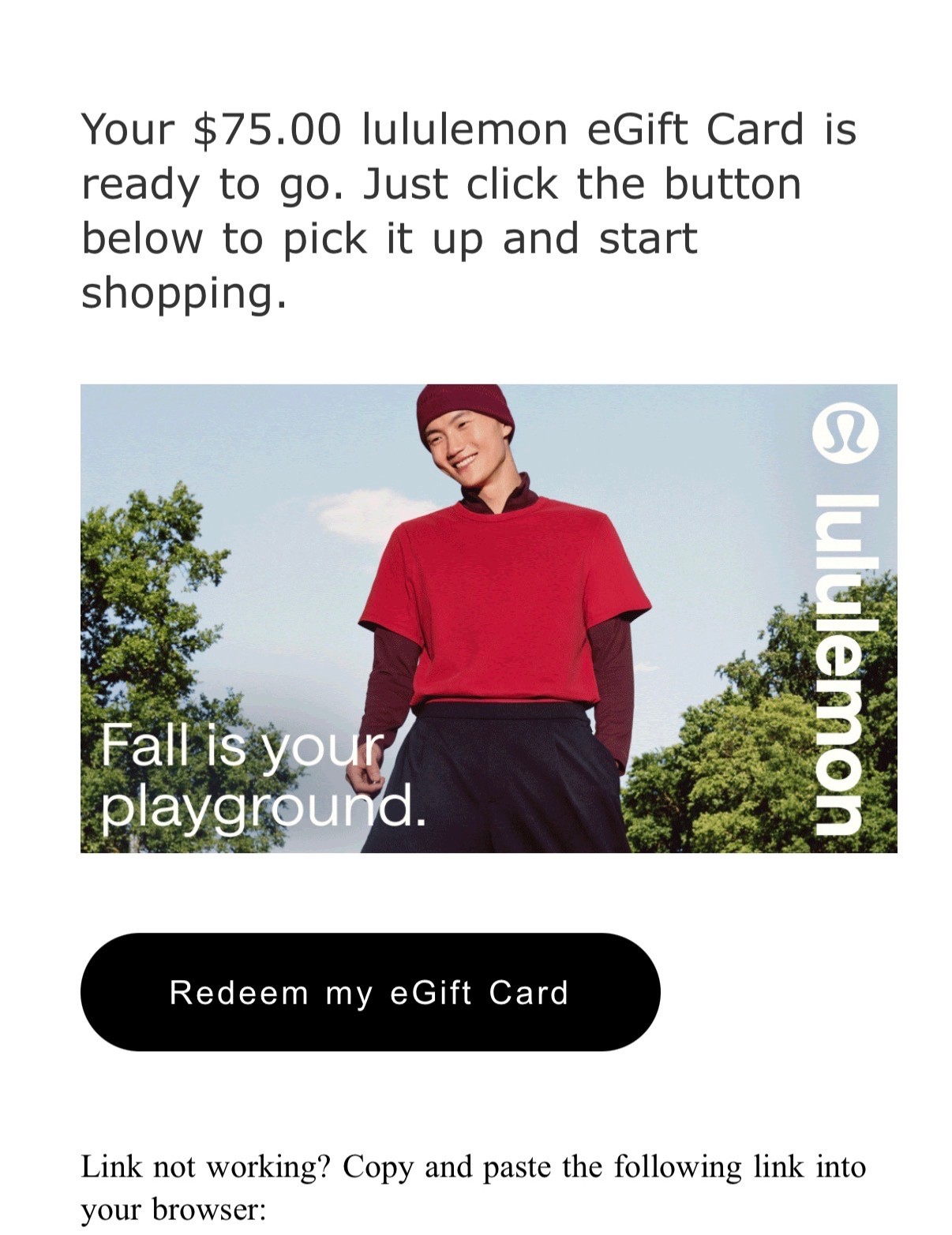 Lululemon $75  Value Electronic Gift Card