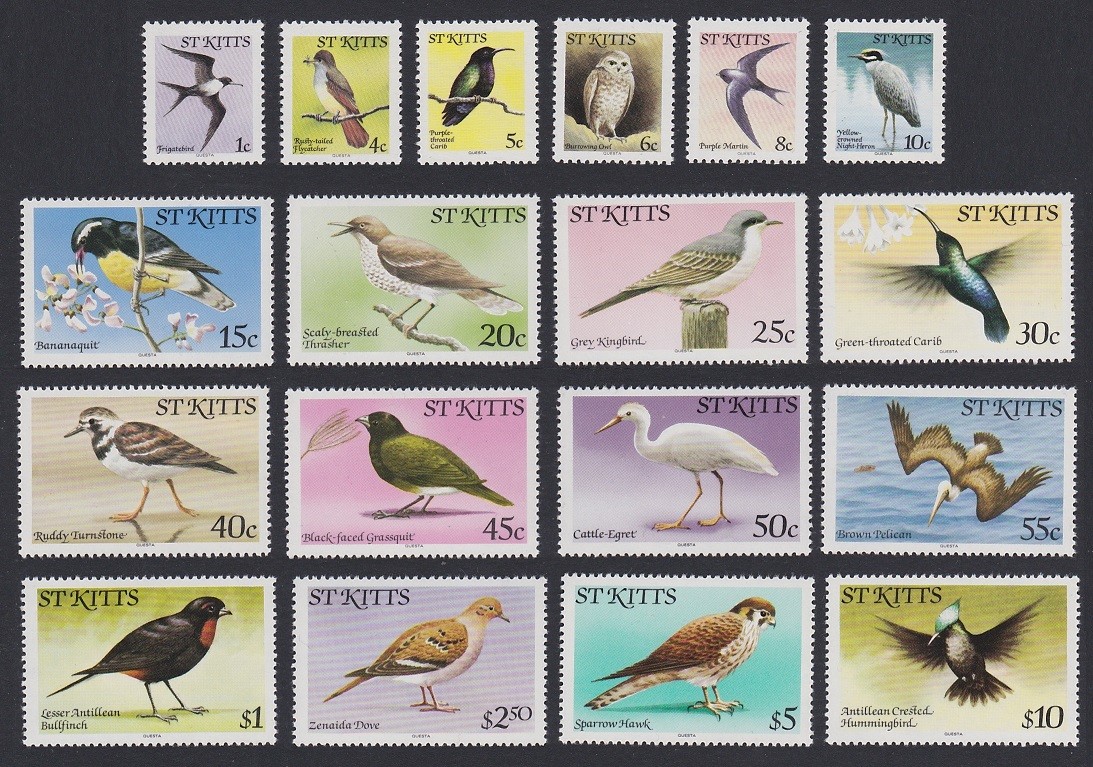 St. Kitts Birds 18v without Imprint date COMPLETE MNH SG#53A-70A Sc#49-66