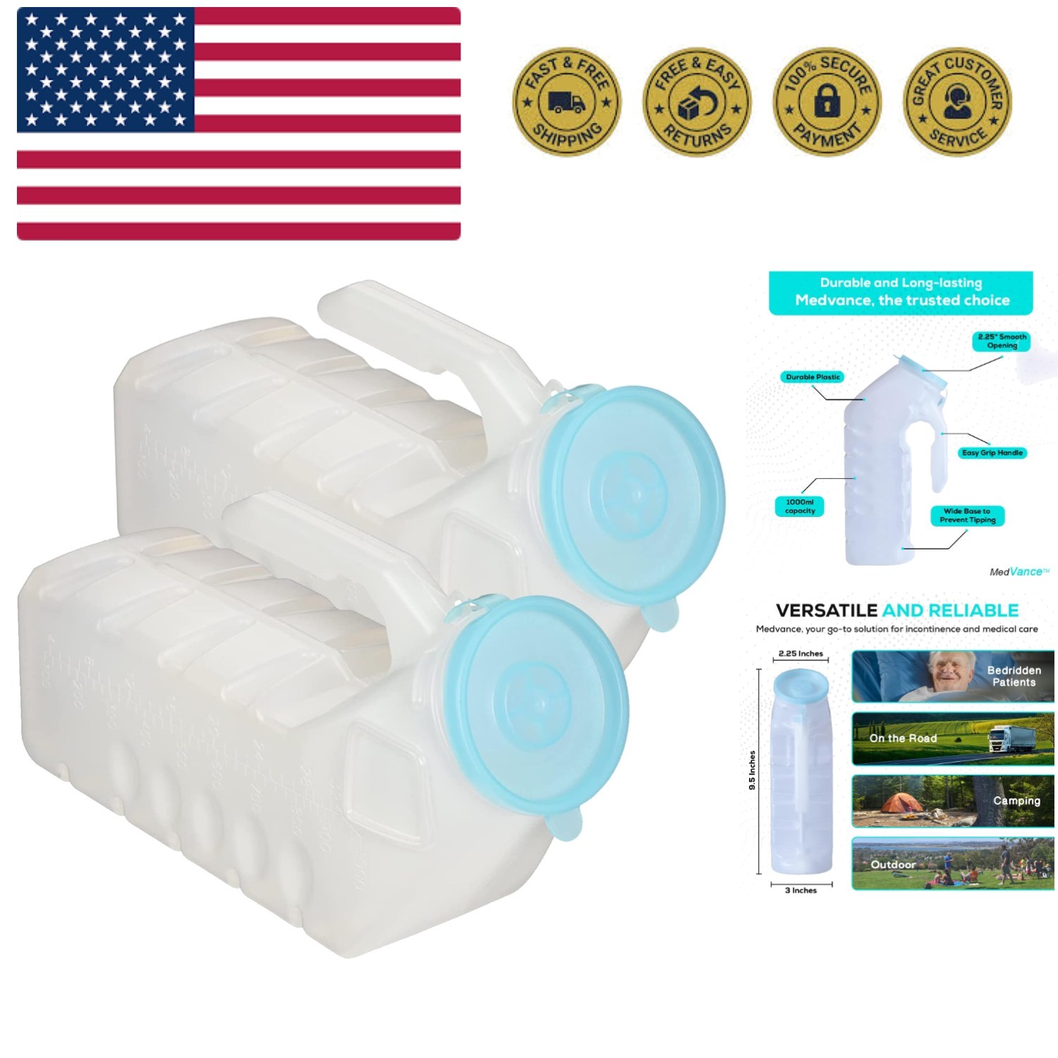 1000ml Portable Urinals for Men, 2 Pack – Spill Proof Men's Urinal Bottle w/G...