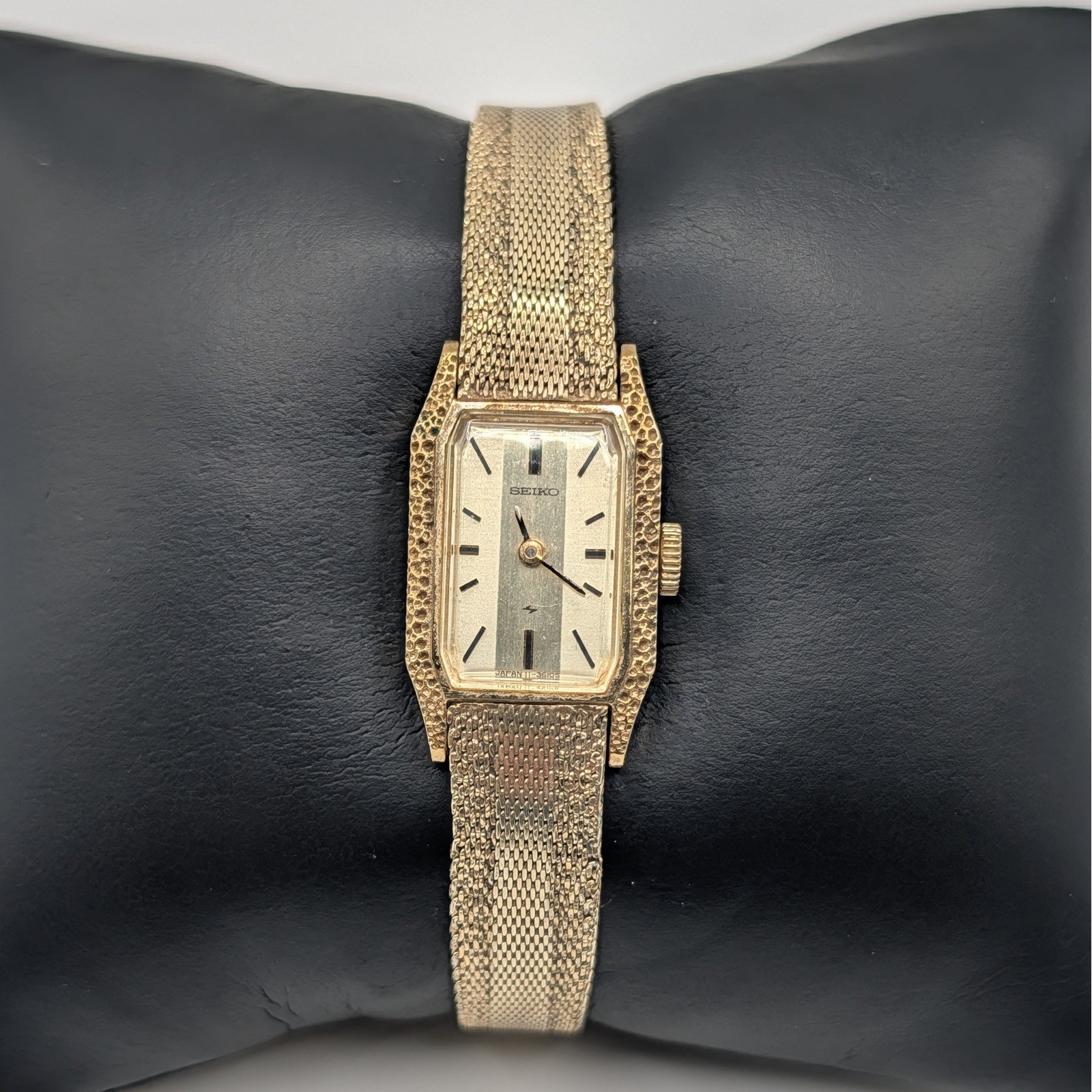 Vintage Seiko Tank Style Mechanical Womens Watch 11-4309 Gold Tone Mesh Bracelet