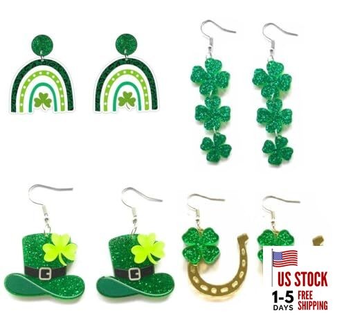 4 Pairs St. Patrick's Day Earrings Set Glitter Green Lucky Clover Acrylic Set 4