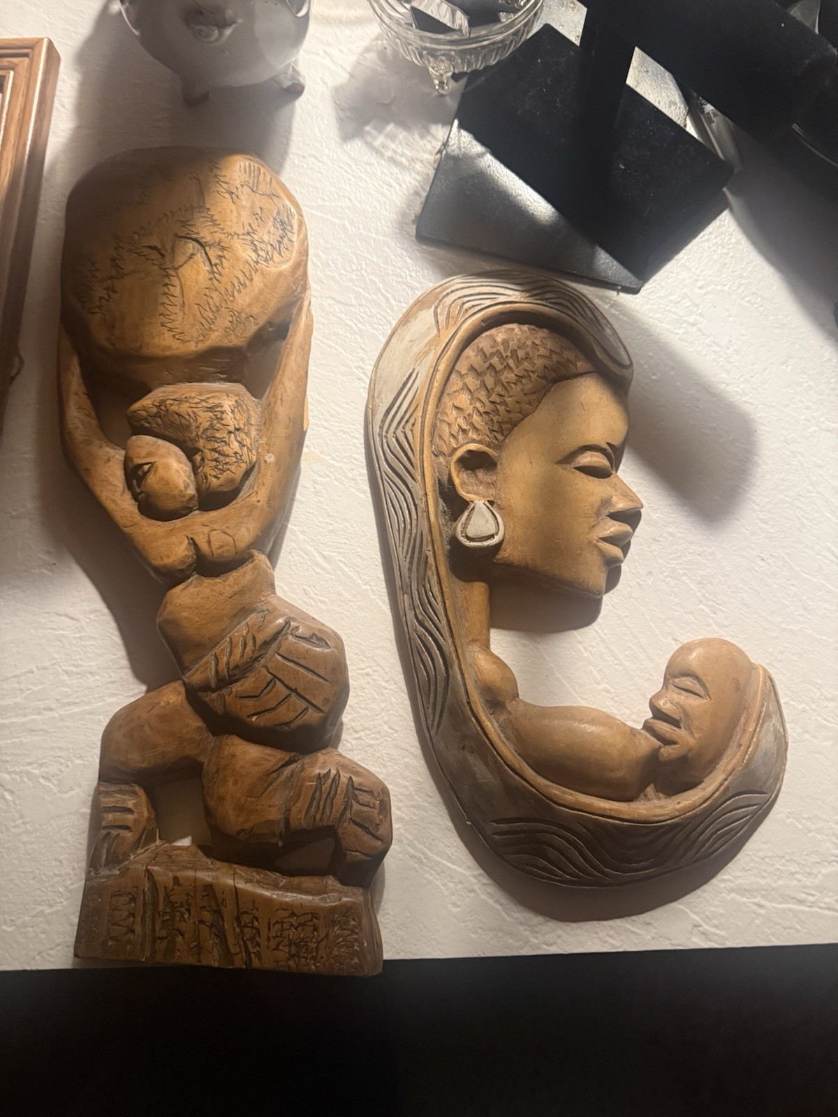 2 vintage HAND carved AFRICAN women MOTHER & CHILD wall PLAQUES mounts Art WORK