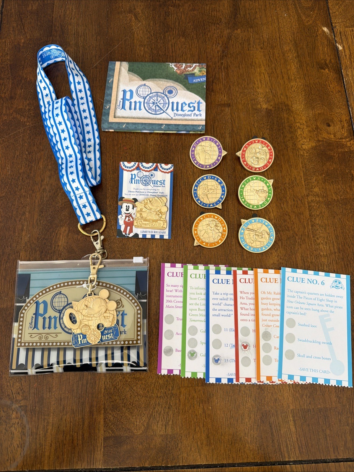 Disneyland Pin Quest 2016 Lanyard, Decoder Medal, Map, All 7 Pins, & Clue Cards