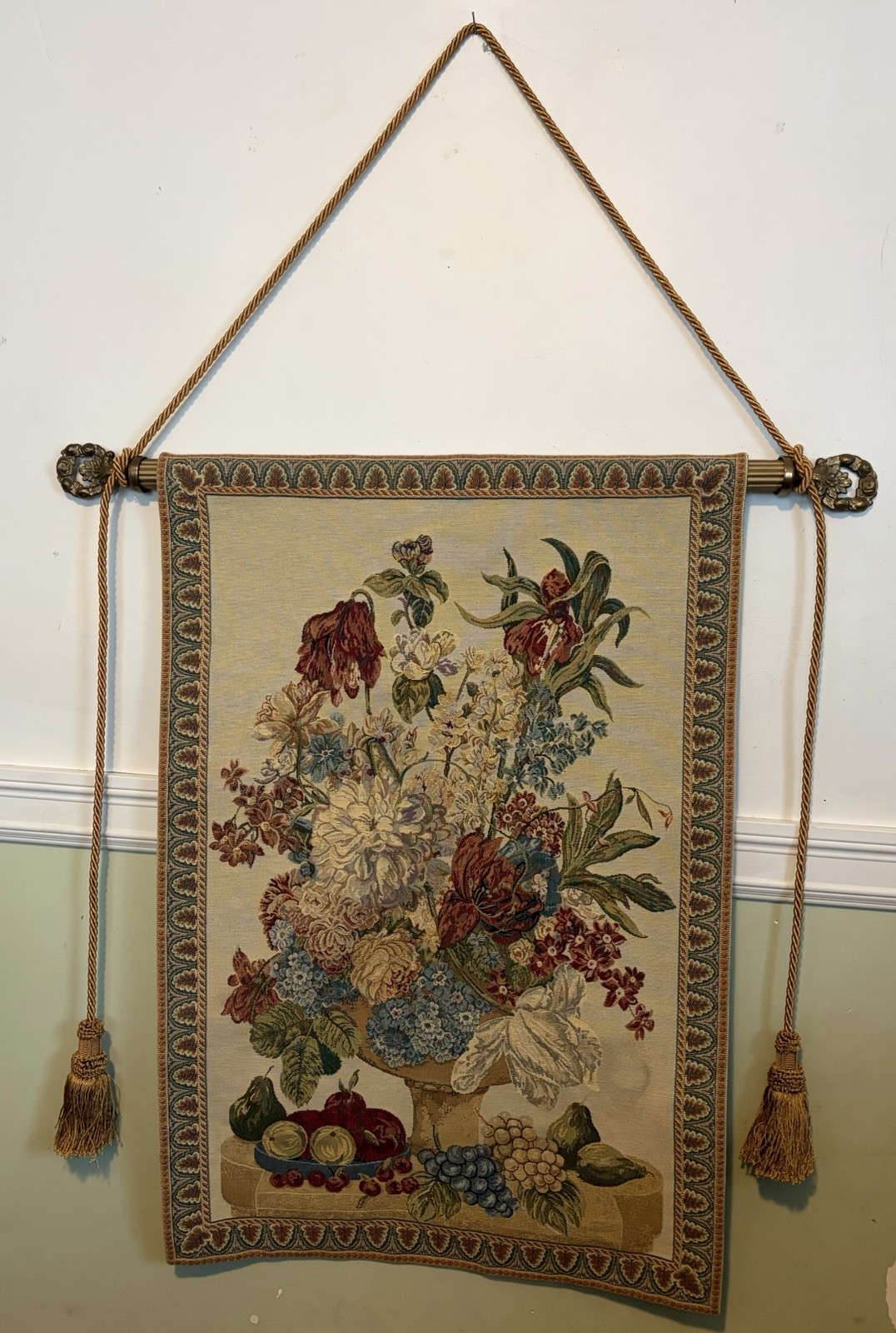 Vintage Corona Decor Tapestry Brass End Fruit & Floral Pattern 25” X 37”